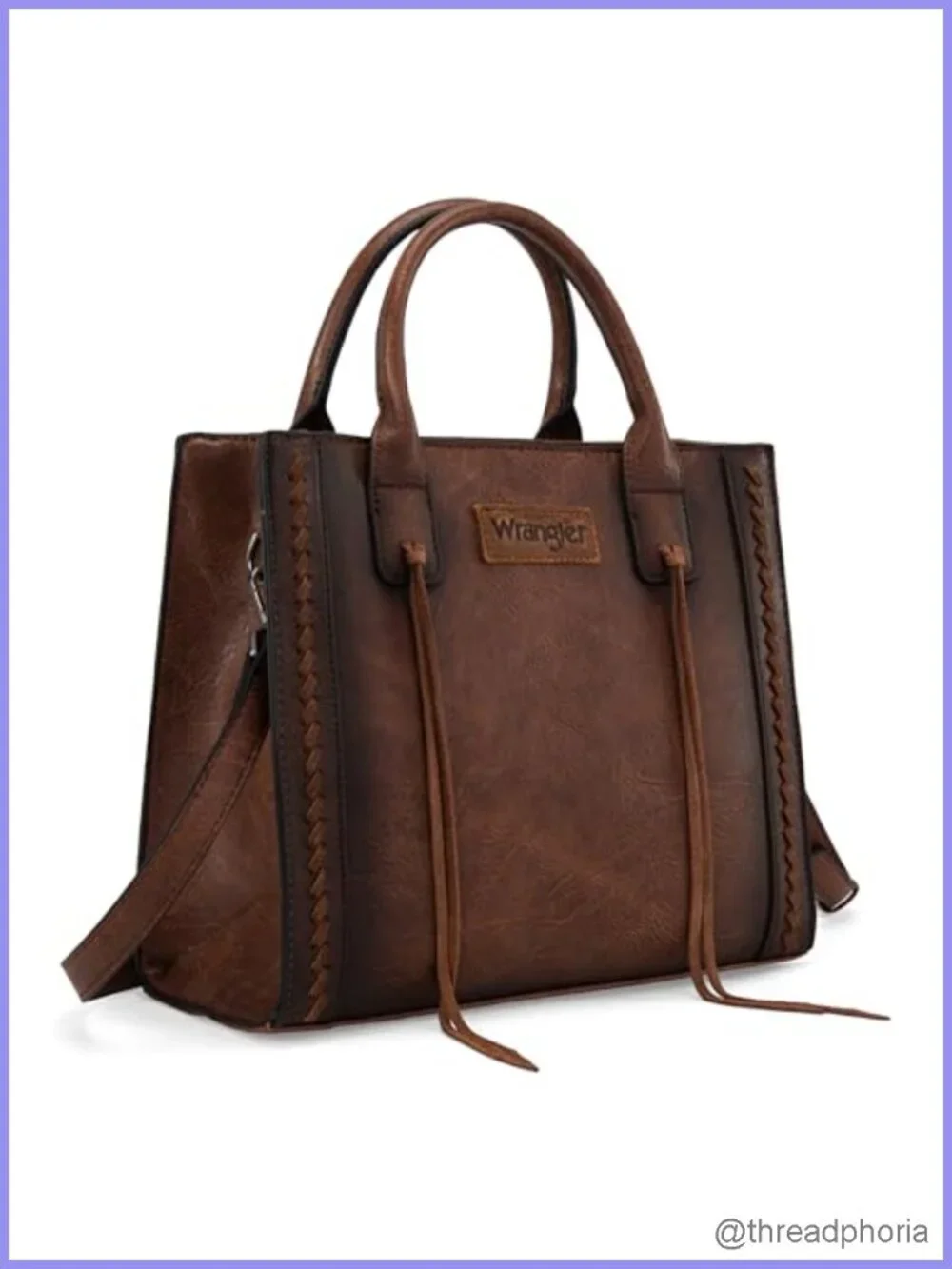 Distressed Vegan Leather Satchel Tote Bag Purse Wallet Set Whipstitch Tassels